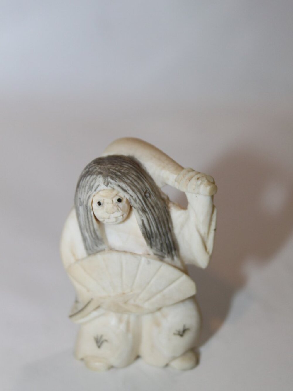 Japanese Netsuke Rotating Two Faces Mask Club Fan Carved Figurine Toggle Art Vtg